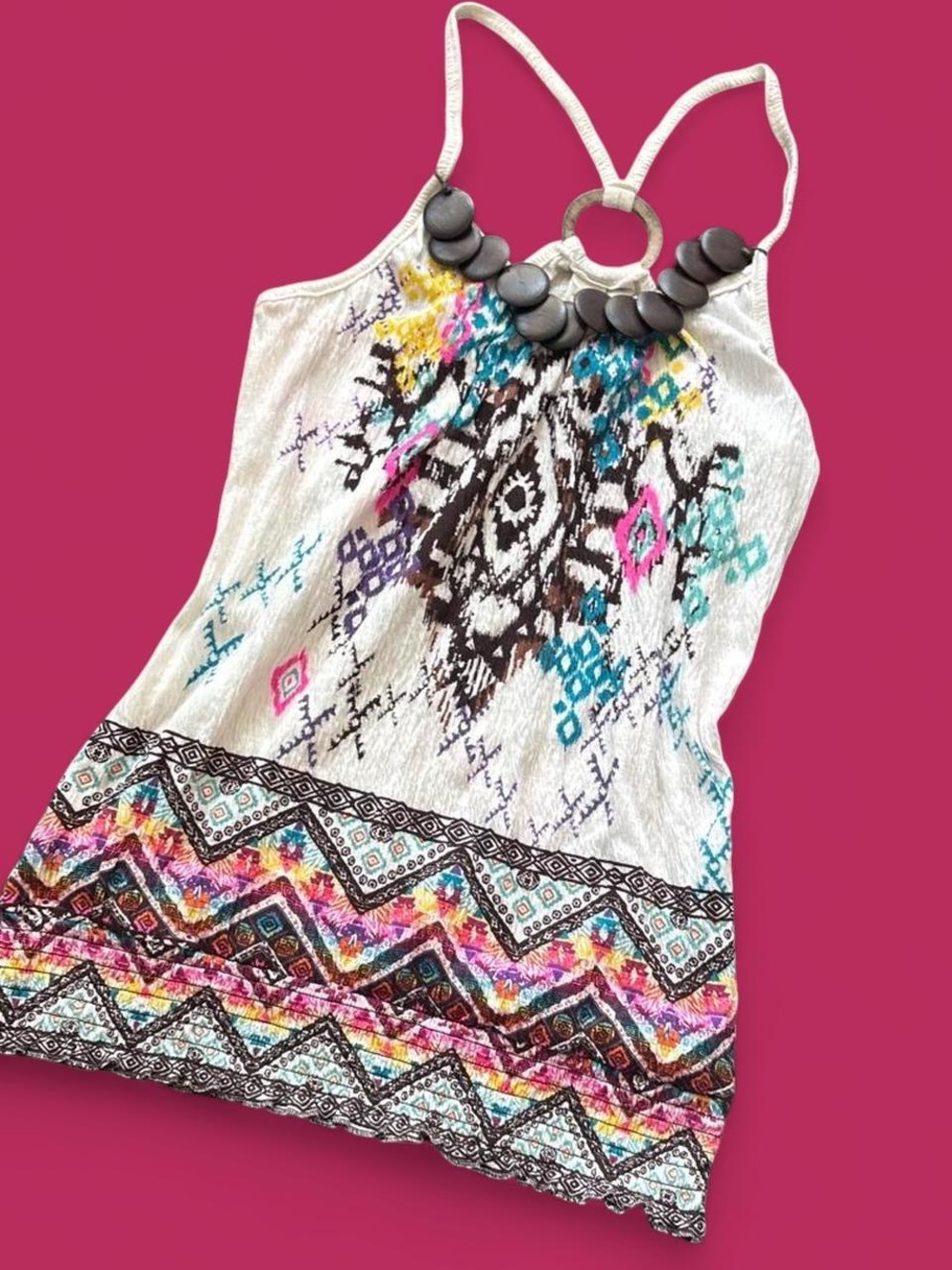Y2K Bohemian Ivory Printed Tank Top with Beaded Neck